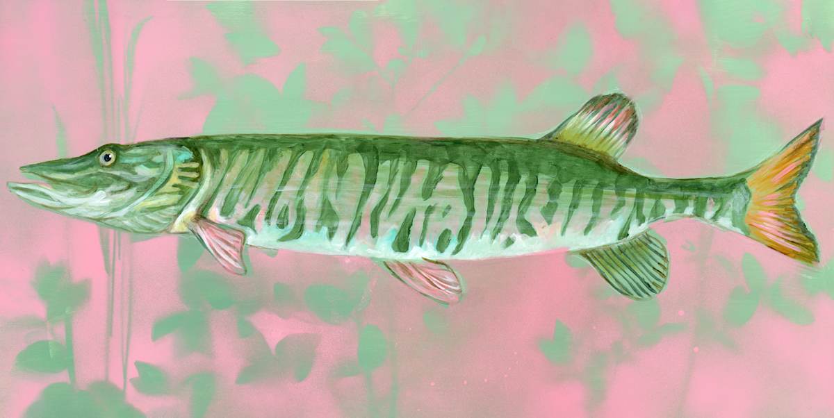 TIGER MUSKIE by Sarah Jaynes  Image: TIGER MUSKIE
Sarah Jaynes
Acrylic and Spray paint on wood
2023