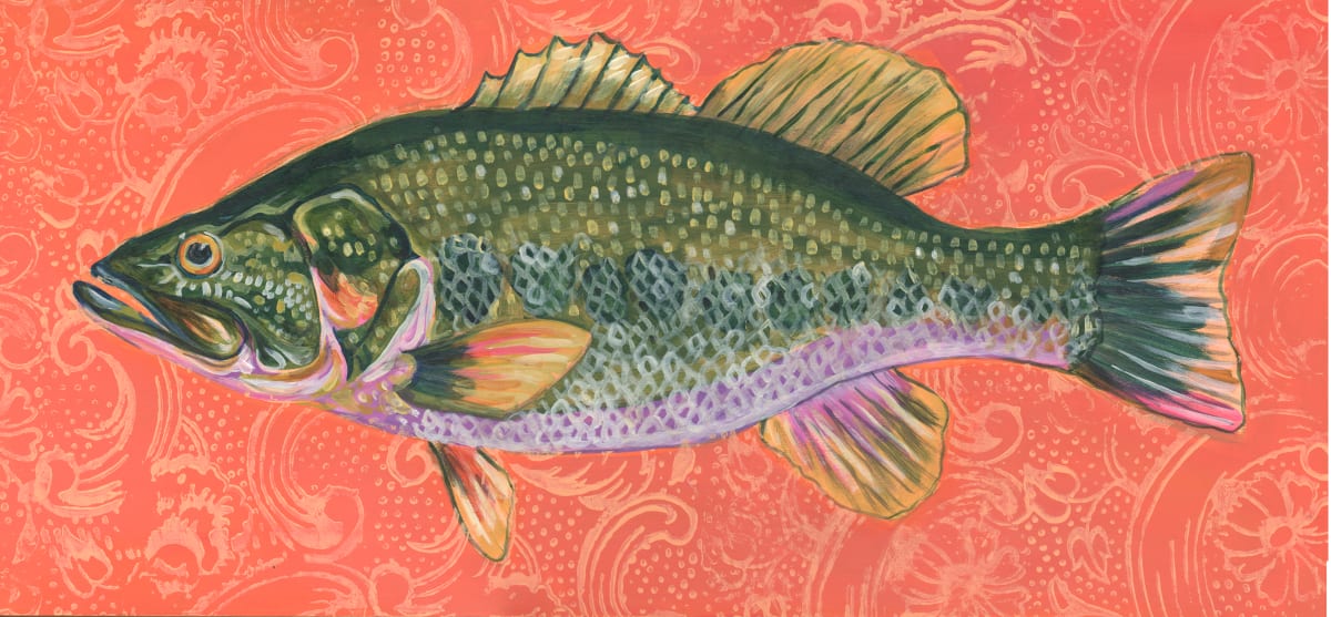 LARGEMOUTH BASS by Sarah Jaynes  Image: LARGEMOUTH BASS
Sarah Jaynes
12x24 inches
Acrylic on Wood
2023