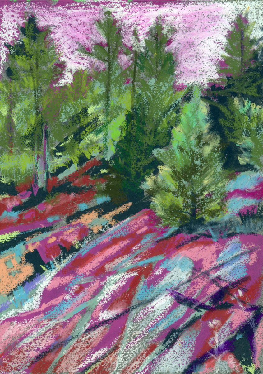 RAGGED CHUTES by Sarah Jaynes  Image: RAGGED CHUTES
Sarah Jaynes
5x7 0n 6x9 paper
Acrylic and oil pastel on paper
2023
