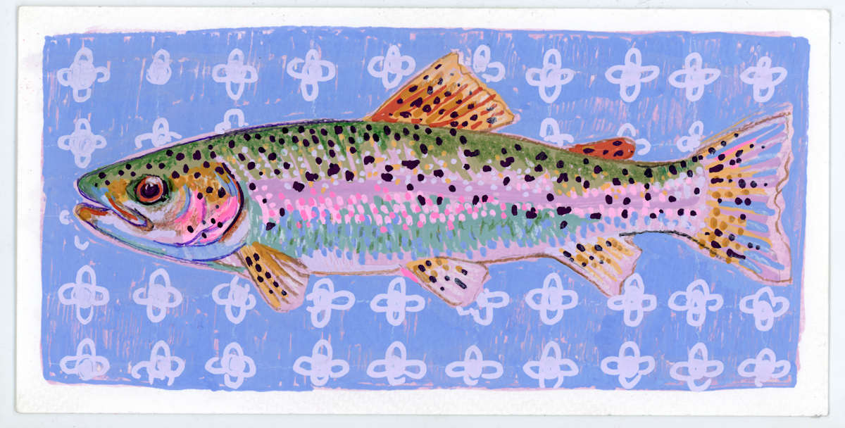 Brook Trout Molotow by Sarah Jaynes  Image: Brook Trout Molotow
Gouache, Molotow marker and pencil crayon on Canson paper
4x8
Sarah Jaynes
2025