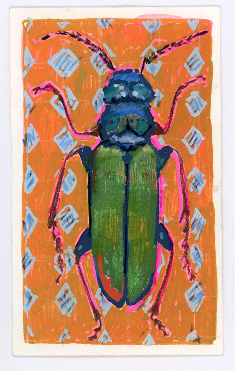 Cerambyx Cerdo by Sarah Jaynes  Image: Cerambyx Cerdo
Gouache, Molotow marker and pencil crayon on Canson paper
3x5
Sarah Jaynes
2025