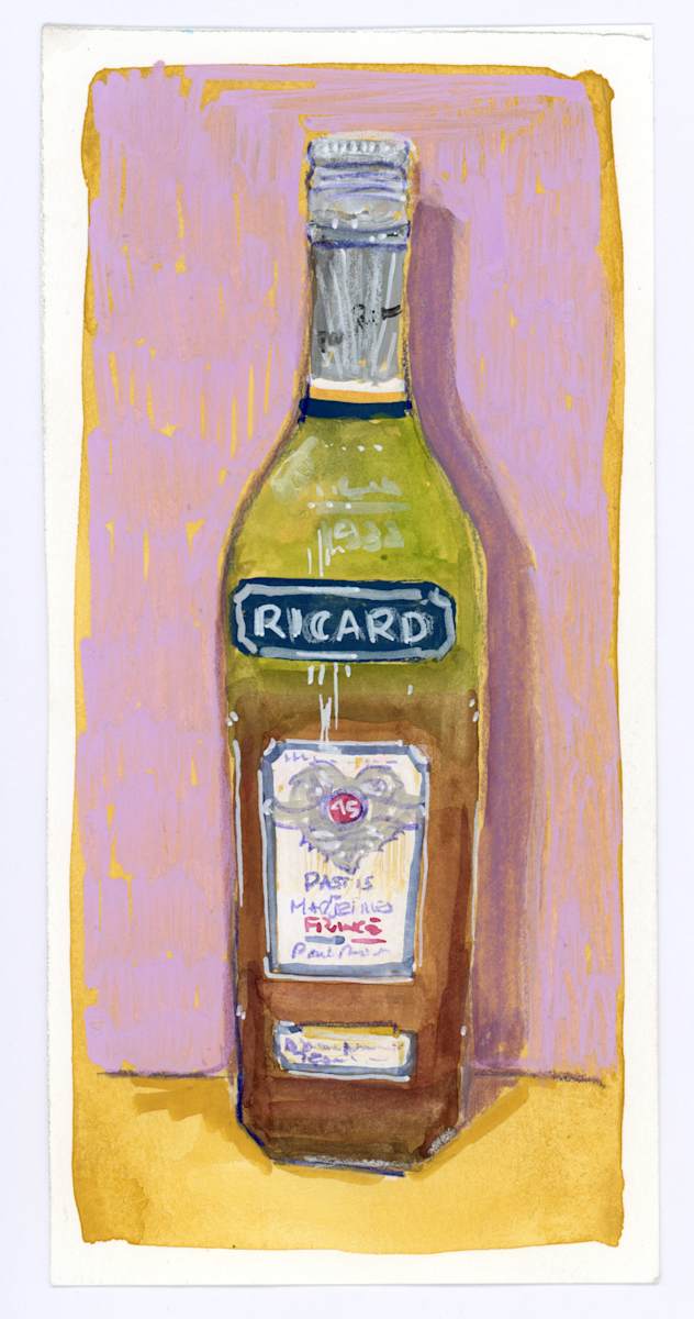 Ricard Bottle Study by Sarah Jaynes  Image: Ricard bottle study
Gouache, pencil crayon and Molotow marker on watercolour paper
4x8
Sarah Jaynes
2025