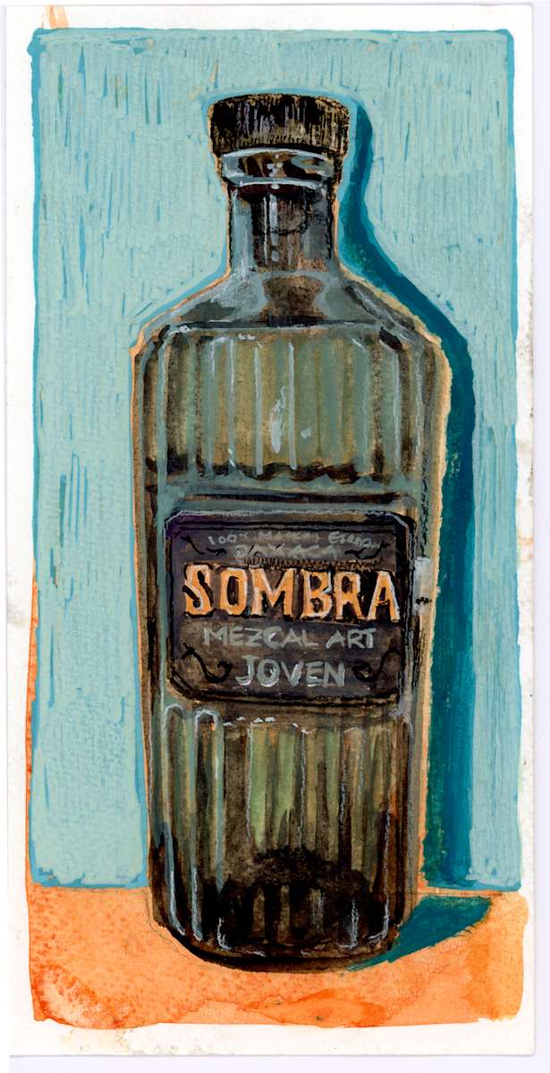 Sombra Mezcal Bottle Study by Sarah Jaynes  Image: Sombra Mezcal bottle study
Gouache, pencil crayon and Molotow marker on watercolour paper
4x8
Sarah Jaynes
2025