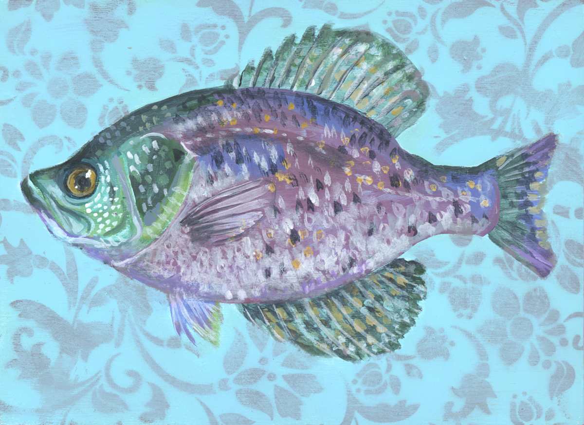 BLACK CRAPPIE by Sarah Jaynes  Image: BLACK CRAPPIE
Sarah Jaynes
5x7 inches
Acrylic and Spray Paint on wood
2023
