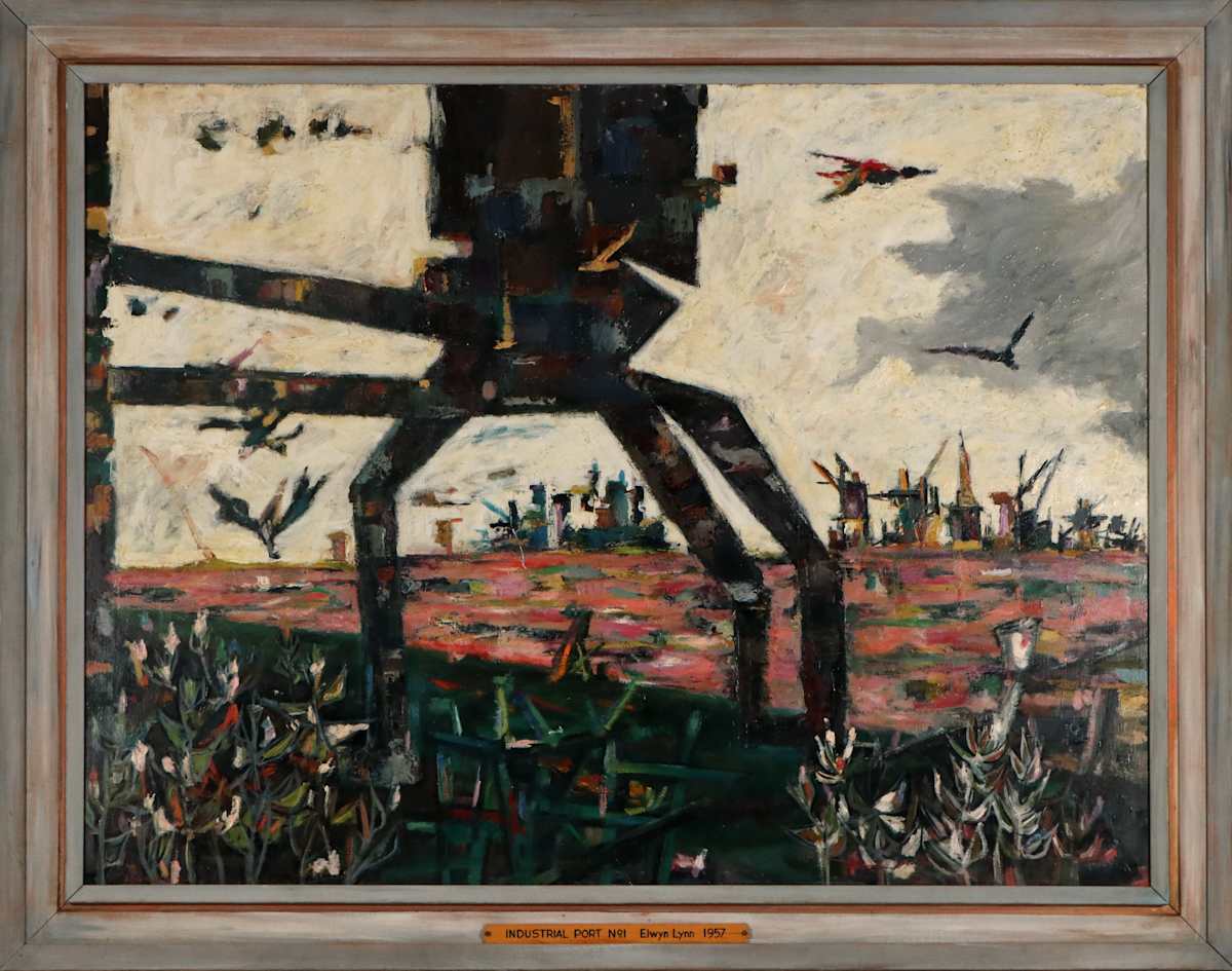 Industrial Port No 1 by Elwyn Lynn  Image: Elwyn Lynn, ‘Industrial Port No. 1’, 1957, oil on board, 90 x 120 x 3.5 cm. Winner Carillon City Festival Prize 1957. Collection of Bathurst Regional Art Gallery.