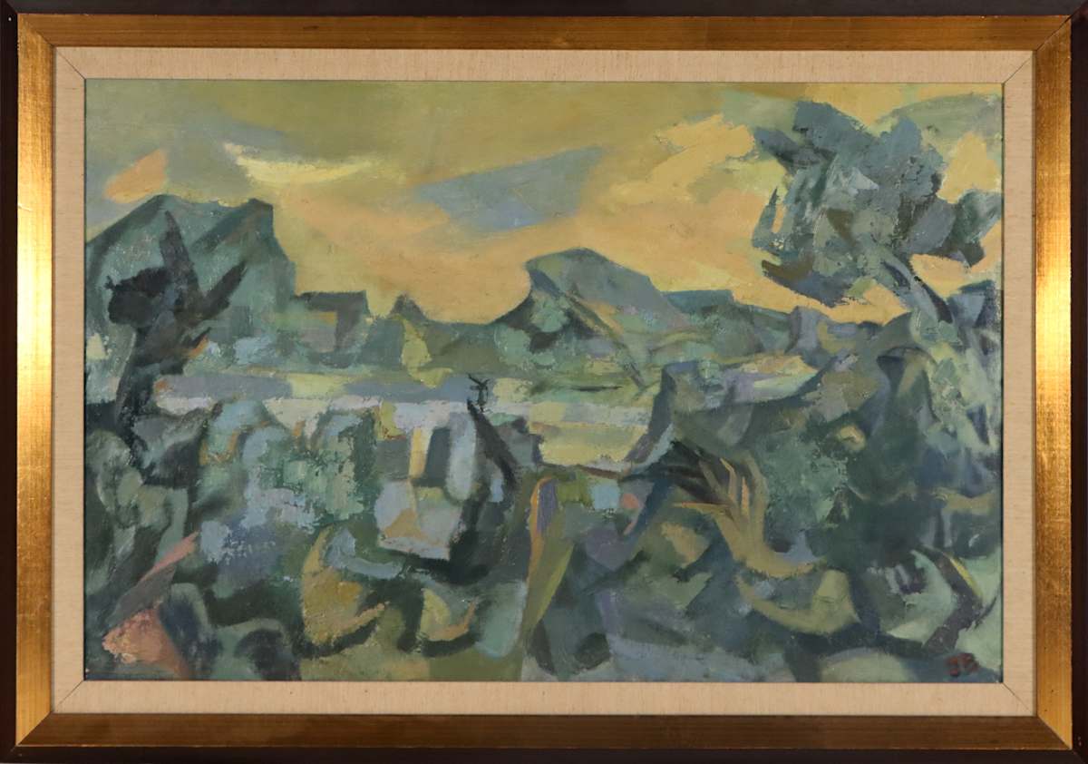 Italian Coast by Jean Bellette  Image: Jean Bellette, 'Italian Coast', 1980, oil on canvas, 65 x 100 cm. Collection of Bathurst Regional Art Gallery. Gift of John Shaw and Sima Oertli, 1993