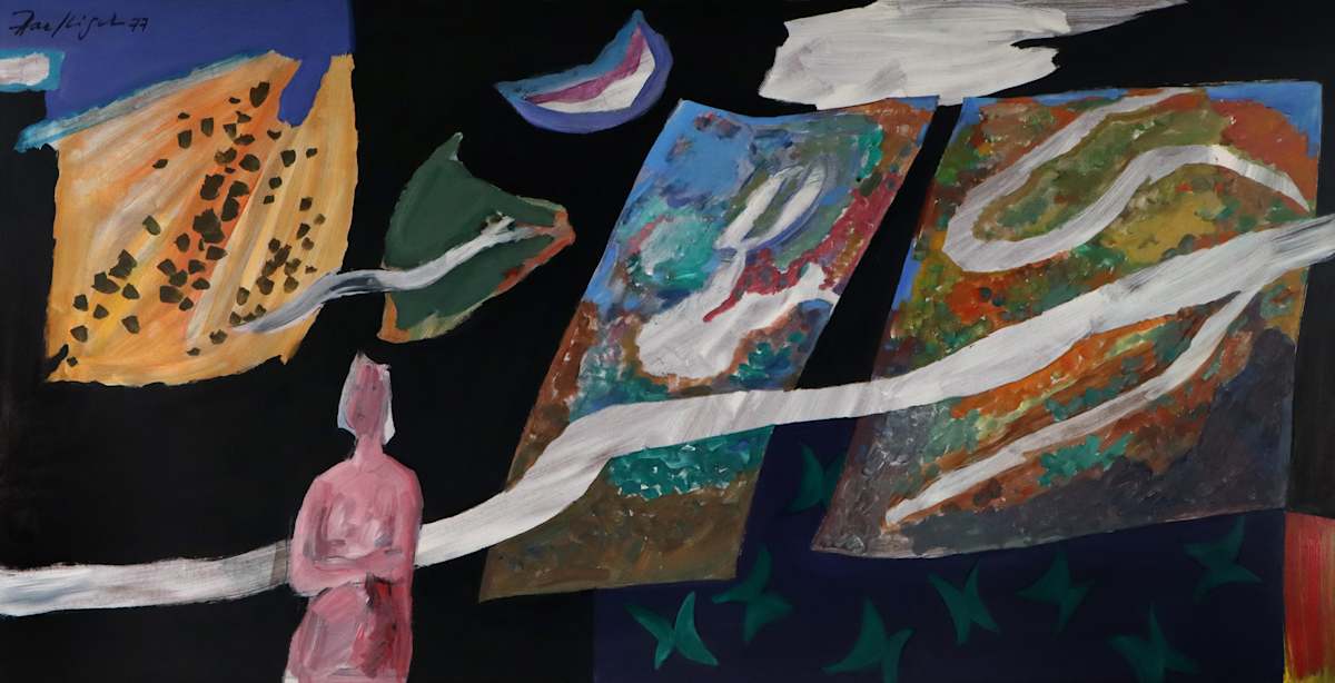 Islands in the Sky by Paul Haefliger  Image: Paul Haefliger, 'Islands in the Sky', 1977, oil on board, 103 x 199 cm. Collection of Bathurst Regional Art Gallery. Gift of John Shaw and Sima Oertli, 1993