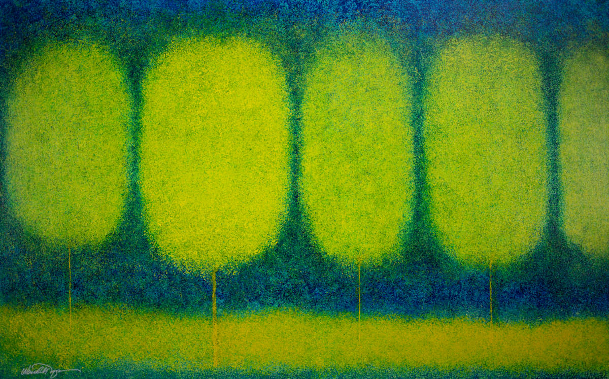Trees of Green, Sky of Blue by Wendell Myers  Image: bright green-yellow trees under a sky of blue