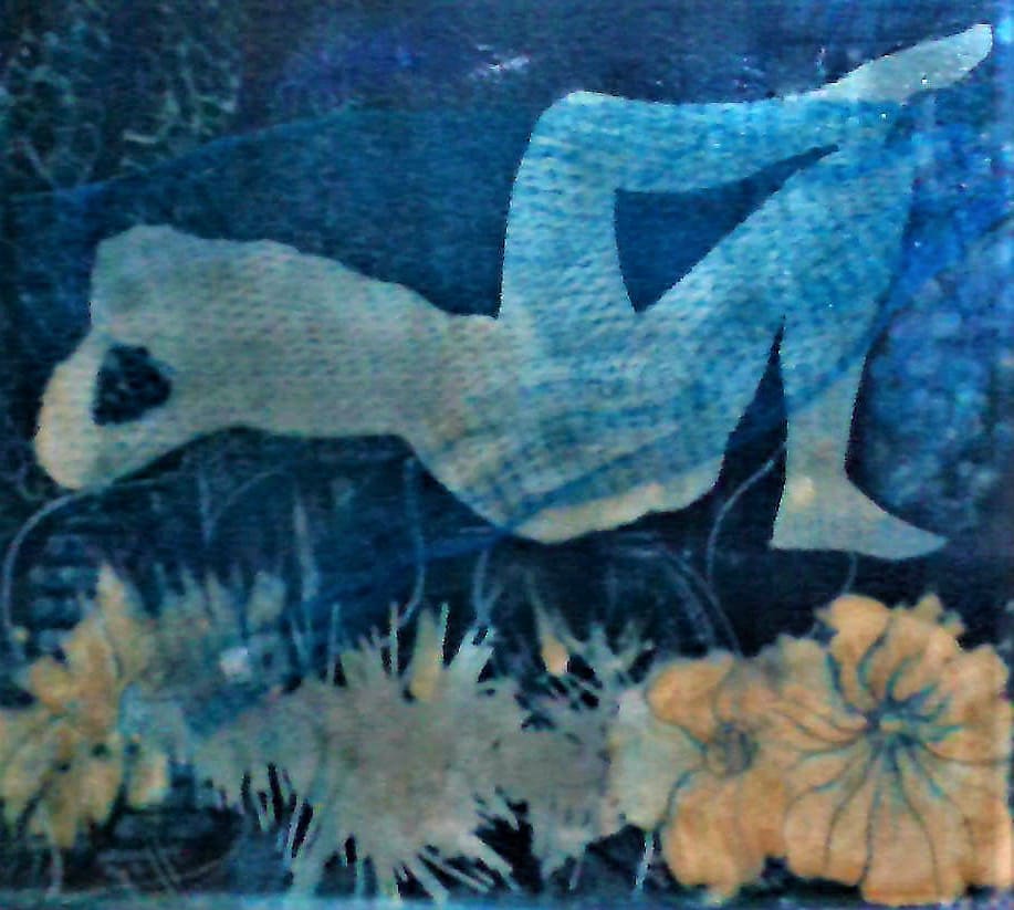 Awakening by Judith Jaffe  Image: Cyanotype photogram using various objects including netting on paper with hand-coloring.