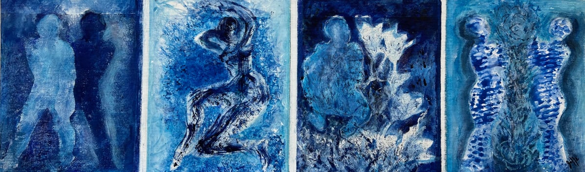 Blue Daze (Maidens II) by Judith Jaffe  Image: Four expressive images of women using the Gelli print technique on canvas board