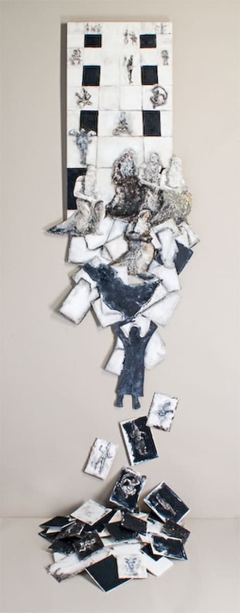"Idol Play" from the series "Quest" by Judith Jaffe  Image: mixed media installation on panel with paper, collage, ink, acrylic, ceramic tiles