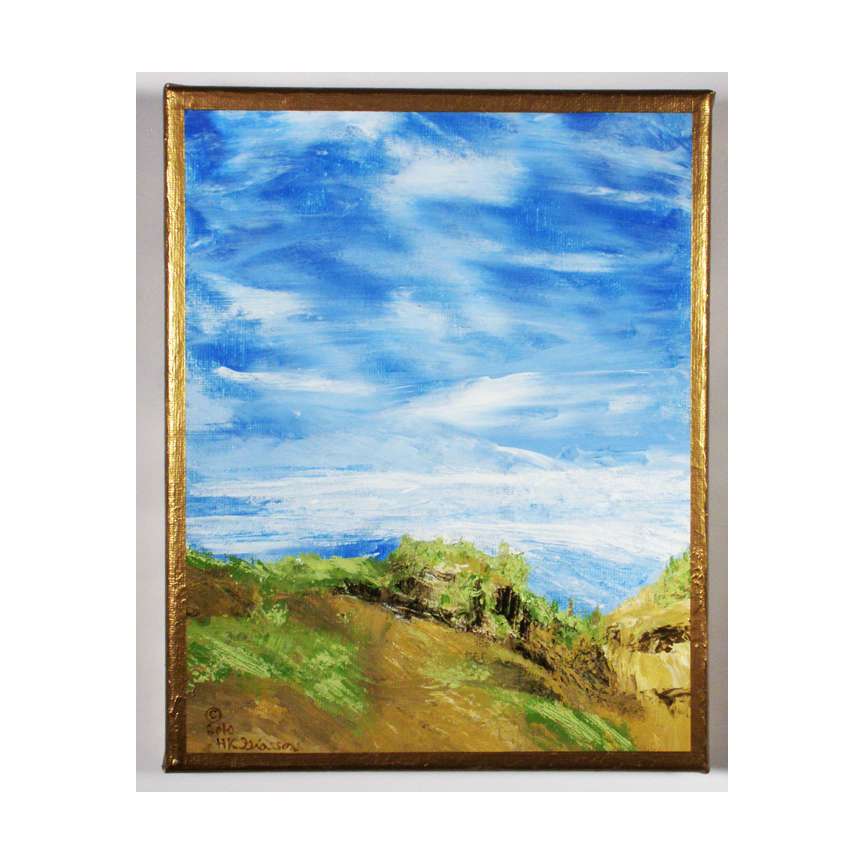 Kentucky Hills 4 Landscape Painting by Helena Kuttner-Giasson  Image: Kentucky Hills 4 is a Miniature acrylic on canvas painting of the contrast of midwestern skies against the rugged terrain left behind from coal mining.