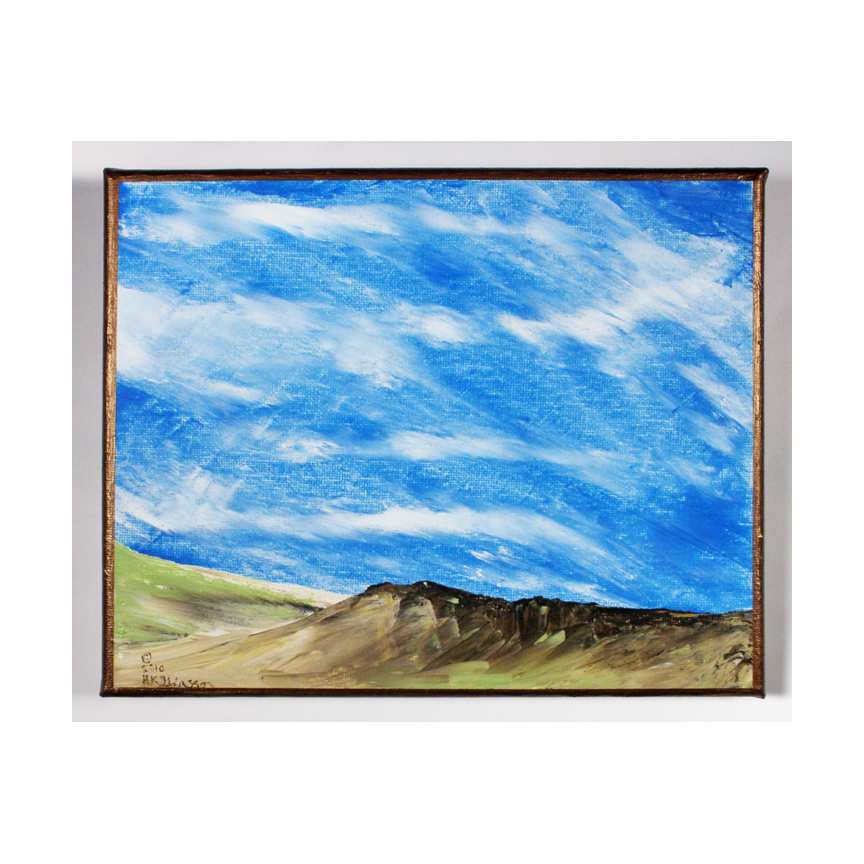 Dakota Skies 4 Landscape Painting by Helena Kuttner-Giasson  Image: Dakota Skies 4 is a miniature acrylic painting on stretched canvas focusing on the cloud patterns in the skies above the western foothills.  