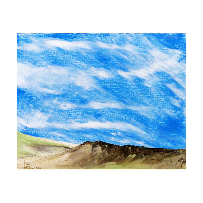 Dakota Skies 4 Landscape Painting by Helena Kuttner-Giasson  Image: Dakota Skies 4 is a miniature acrylic painting on stretched canvas focusing on the cloud patterns in the skies above the western foothills.  