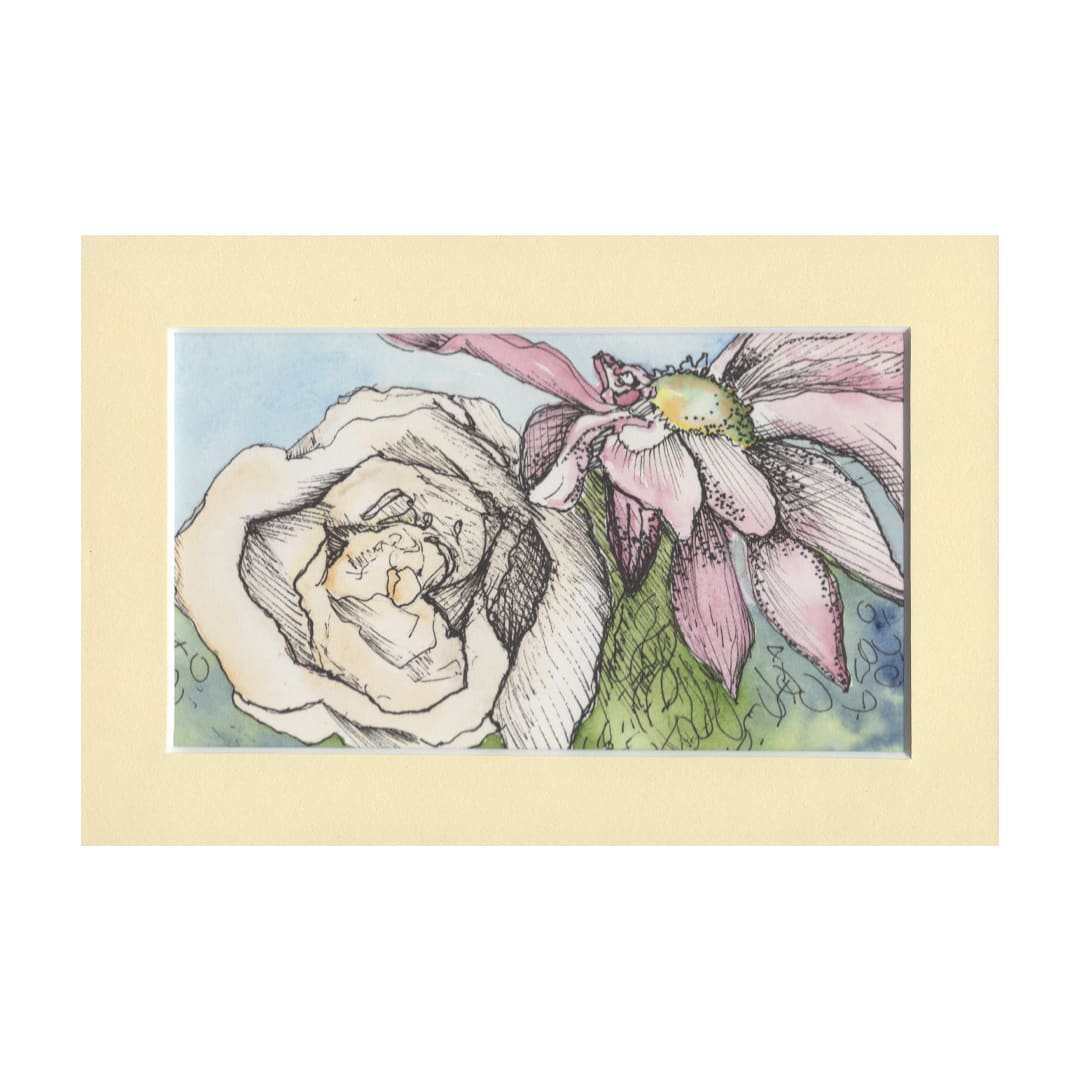 Nestled II Watercolor Floral Painting by Helena Kuttner-Giasson  Image: Nestled II is a miniature watercolor painting showing an ivory roseblossom nestled next to a purple daisy against a background of suggested wildflowers.
