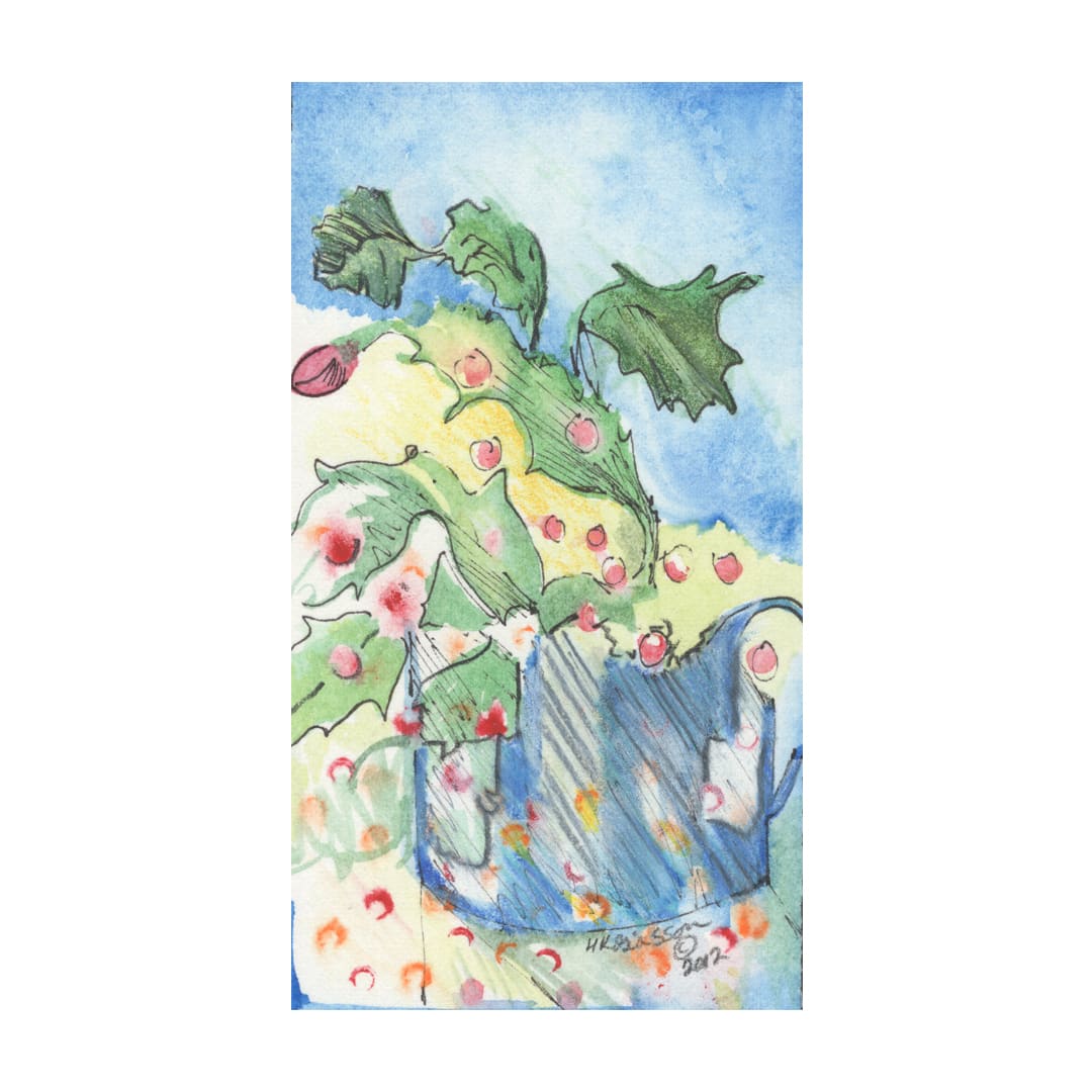 Cactus Jingle by Helena Kuttner-Giasson  Image: ​Cactus Jingle is a miniature mixed media painting of a tiny cactus just beginning to blossom and planted in a cup. Not Framed, Backing board, Mat and clear storage bag included