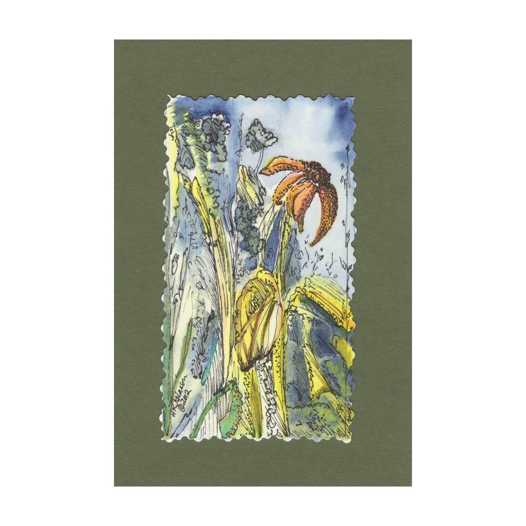 Daisy Dance 6 Floral Painting by Helena Kuttner-Giasson  Image: Daisy Dance 6  is a miniature watercolor of orange coneflowers