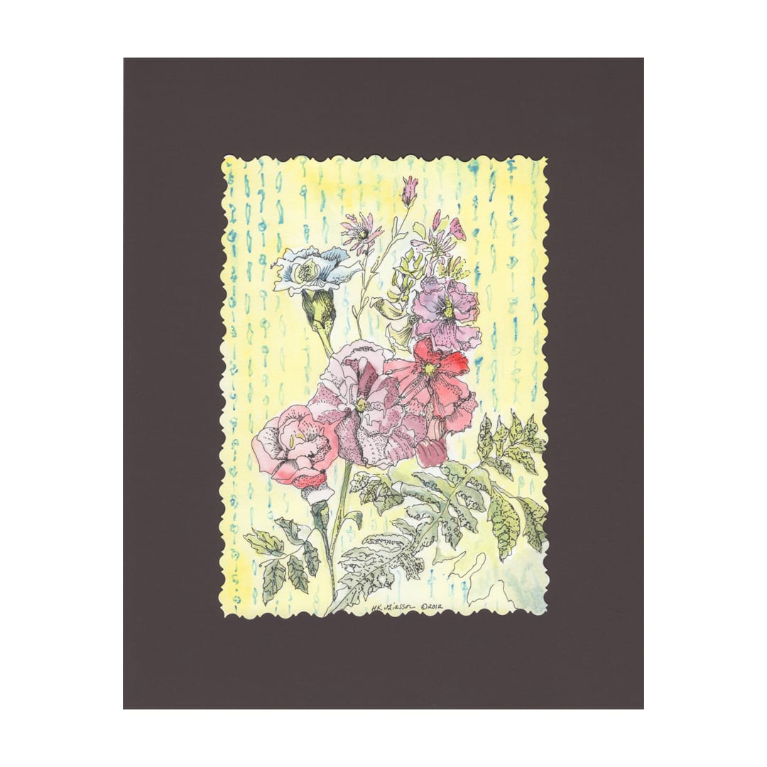 Floral Burst 7 by Helena Kuttner-Giasson  Image: Floral Burst 7 is a miniature watercolor floral painting with pen and ink touches of pink carnations hints of snapdragon, a daisy and accented with fern against a vintage wall paper inspired background.