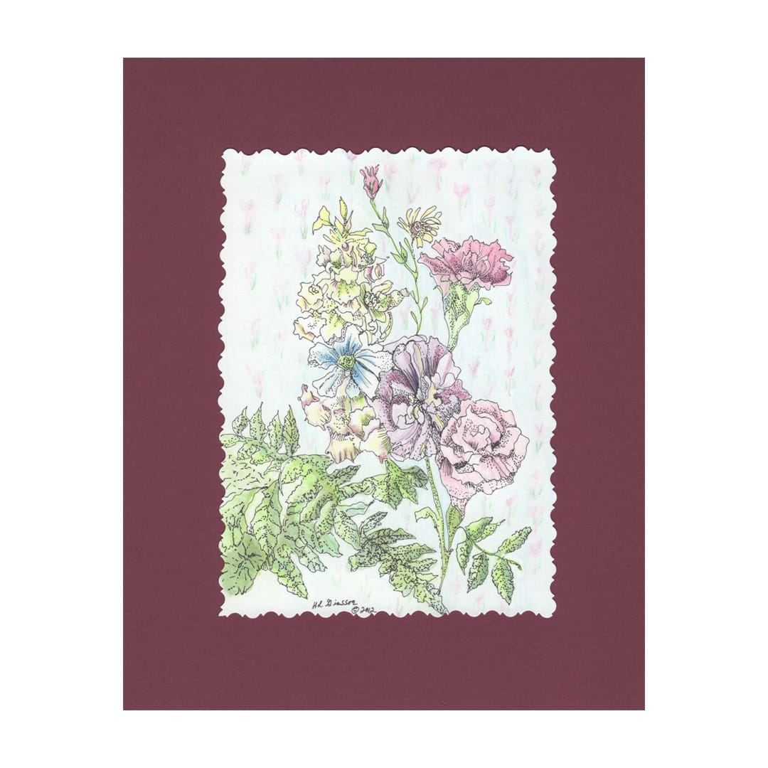 Floral Burst 8 by Helena Kuttner-Giasson  Image: Floral Burst 8 is a miniature watercolor floral painting with pen and ink touches of pink carnations hints of snapdragon, a daisy and accented with fern against a vintage wall paper inspired background.