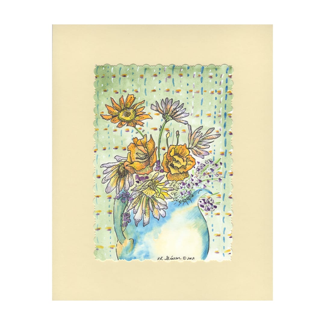 Pitcher Perfect 3 Floral Still Life Painting by Helena Kuttner-Giasson  Image: Pitcher Perfect 3 is part of a series a miniature watercolor floral painting with pen and ink touches of a vintage milk pitcher filled with wildflowers against a vintage wall paper inspired background.