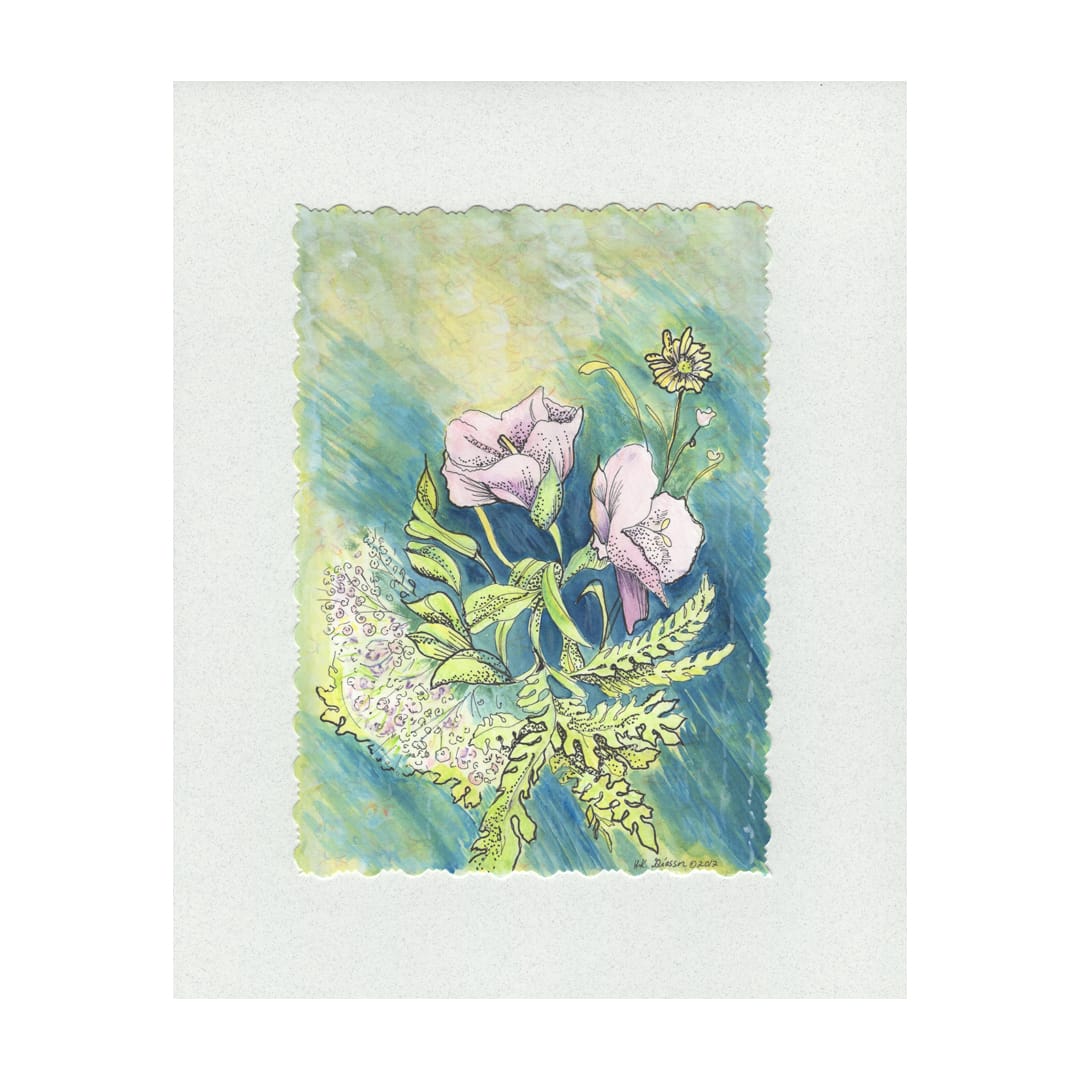 Misty Bouquet Watercolor Floral Painting by Helena Kuttner-Giasson  Image: Pink blossoms and ferns unfurl in the morning mist.
