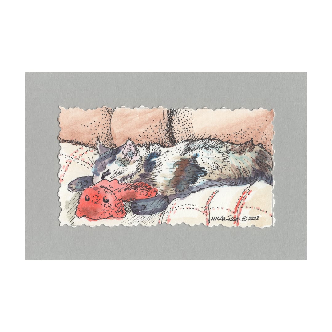 Bear Nap Cat Painting by Helena Kuttner-Giasson  Image: Grey cat naps with toy bear on a plaid blanket
