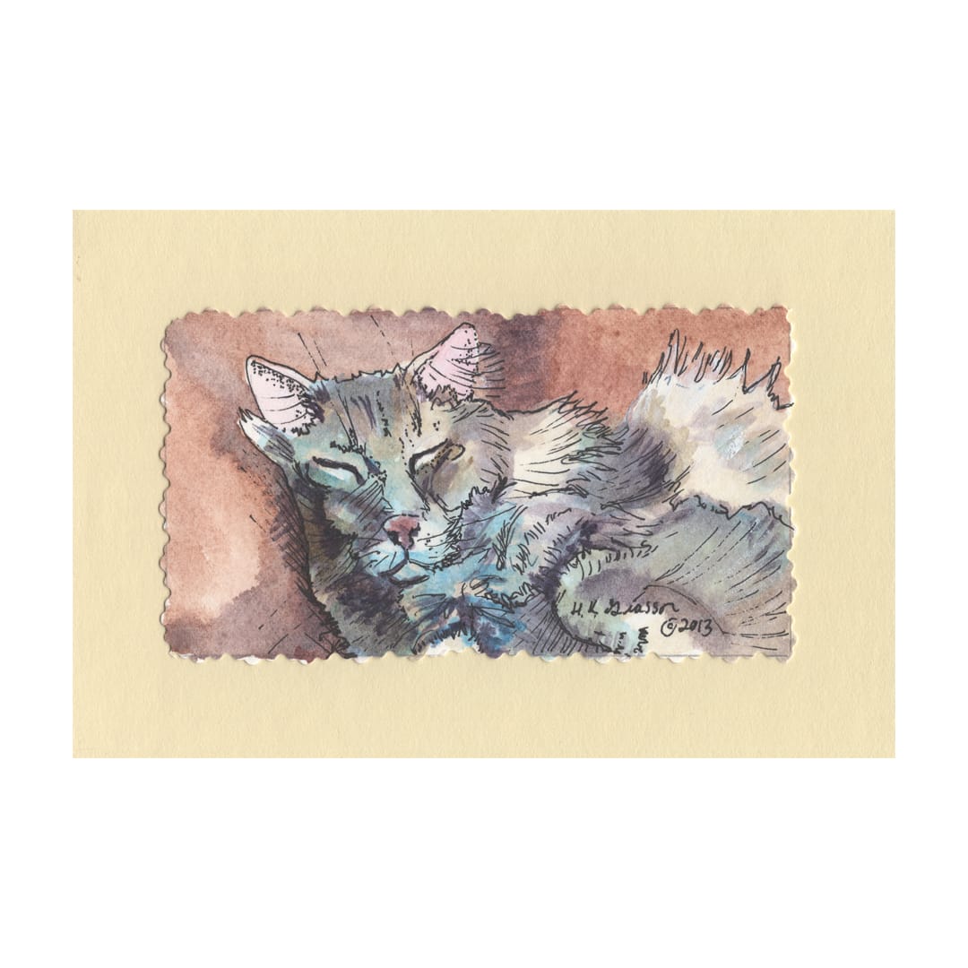 Cat Nap Cat Painting by Helena Kuttner-Giasson  Image: Grey cat takes a nap