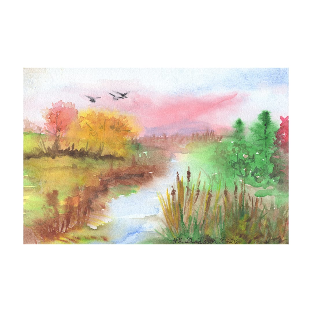 Autumn River Watercolor Landscape Painting by Helena Kuttner-Giasson  Image: Autumn River Watercolor Landscape Painting