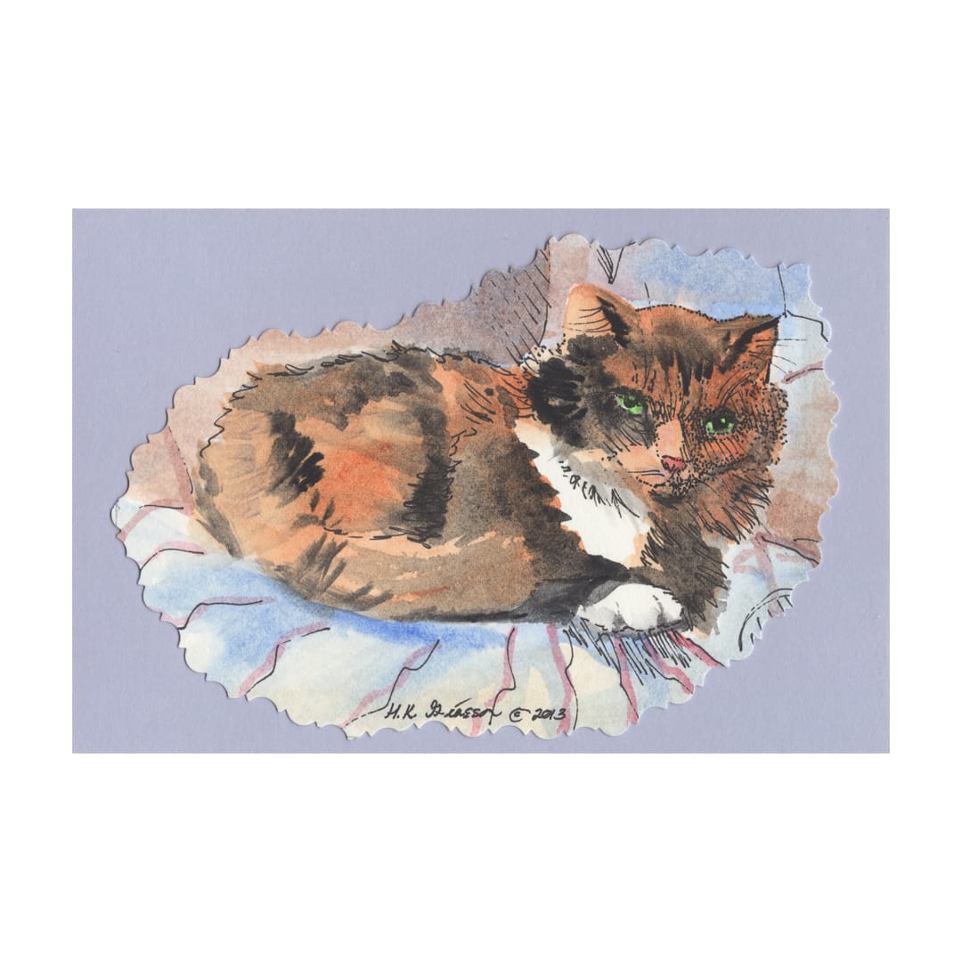 Calico  Cat 2 Painting by Helena Kuttner-Giasson  Image: Calico Cat Curled up on a blanket