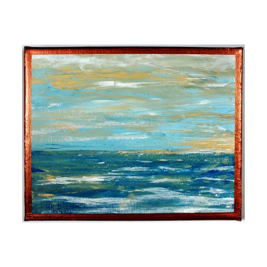 Lake Erie Sunset Waterscape Painting by Helena Kuttner-Giasson  Image: Lake Erie Sunset is part of a series of miniature acrylic paintings depicting the mysterious shoreline of Lake Erie as seen at the northern edge of Ohio with this scene capturing the moody sunset after the passing of a storm. 