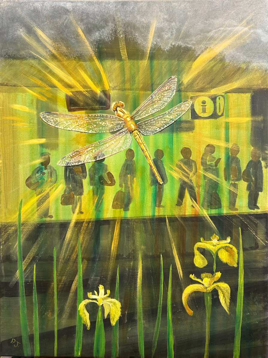 Dreaming of Dragonflies by Paula Jobson  Image: Stunning Imaginative painting of Birmingham New Street Station filled with water meadows full of flag iris and dragonflies 