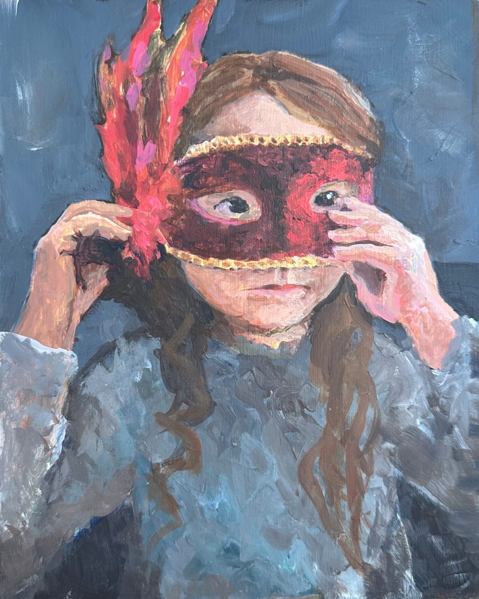 The Mask by Lorna Herf  Image: A young girl looks through a red carnival mask.