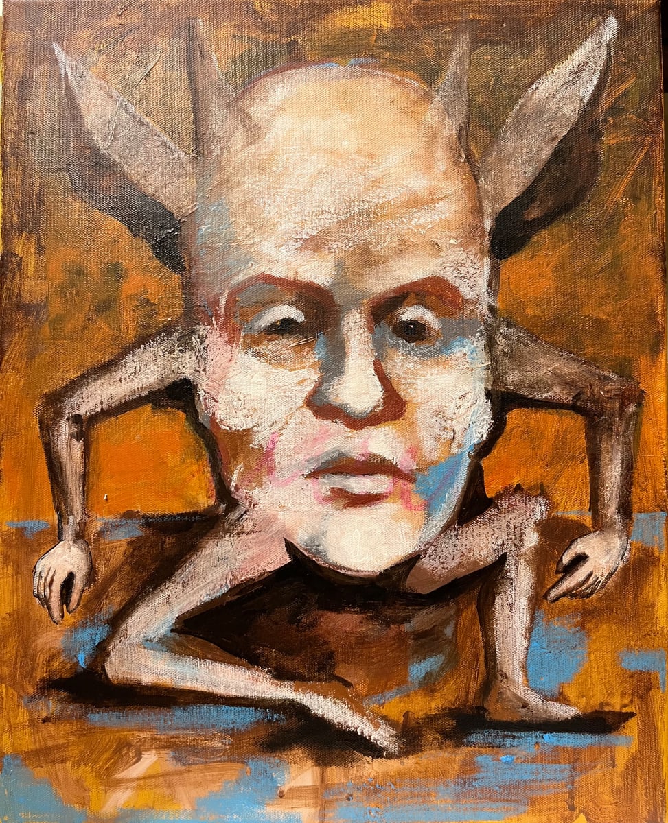 Demon Sitting on the Ground by Brian Huntress  Image: A strange creature sits casually on the ground. He looks tired, worn, and apathetic. This creature has seen alternate dimensions, travelled through the annals of time, and frolicked with creatures beyond our comprehension. Now he sits bored and waiting for the next adventure.

This piece is painted in open acrylics and regular acrylics done in repeated layers. After each painting session, the layer is allowed to dry. I then use mixed media materials like wax pigment sticks or water based oil pastels to add texture and more tone. Once that layer is completed, I begin painting with acrylics again. I repeat this rotation three to four times before the painting is complete. 