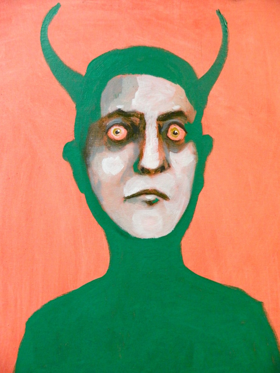 Devil with Green Horns by Brian Huntress  Image: Is this a demon with a man's face or a man in a demon's costume? 

The stark look and the cold gradients in his skin make the red background pop. His eyes connect to the rest of the image through their shared hue with the canvas. Normally a devil is seen with red horns or a red costume but in this image we are given its complimentary counterpart, green. 

In this painting, the green devil asks you to consider the opposites in the world and the way contrast creates balance rather than division. Just like the red in the back balances perfectly with the green of his suit. The Green Devil is both a demon with a man's face and a man dressed up as a demon. 