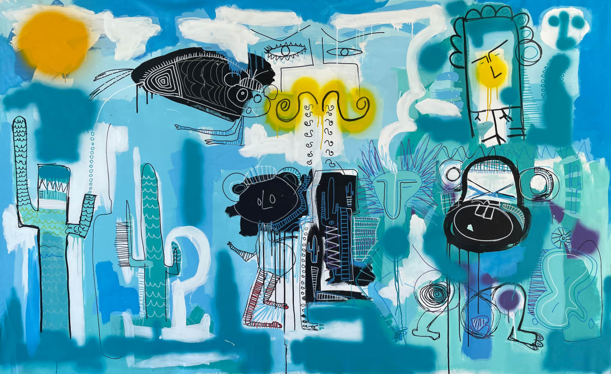 Monkey Mind II by Fernanda Lavera  Image: This painting is made using white acrylic, black acrylic and fluo marker. Painted on canvas.