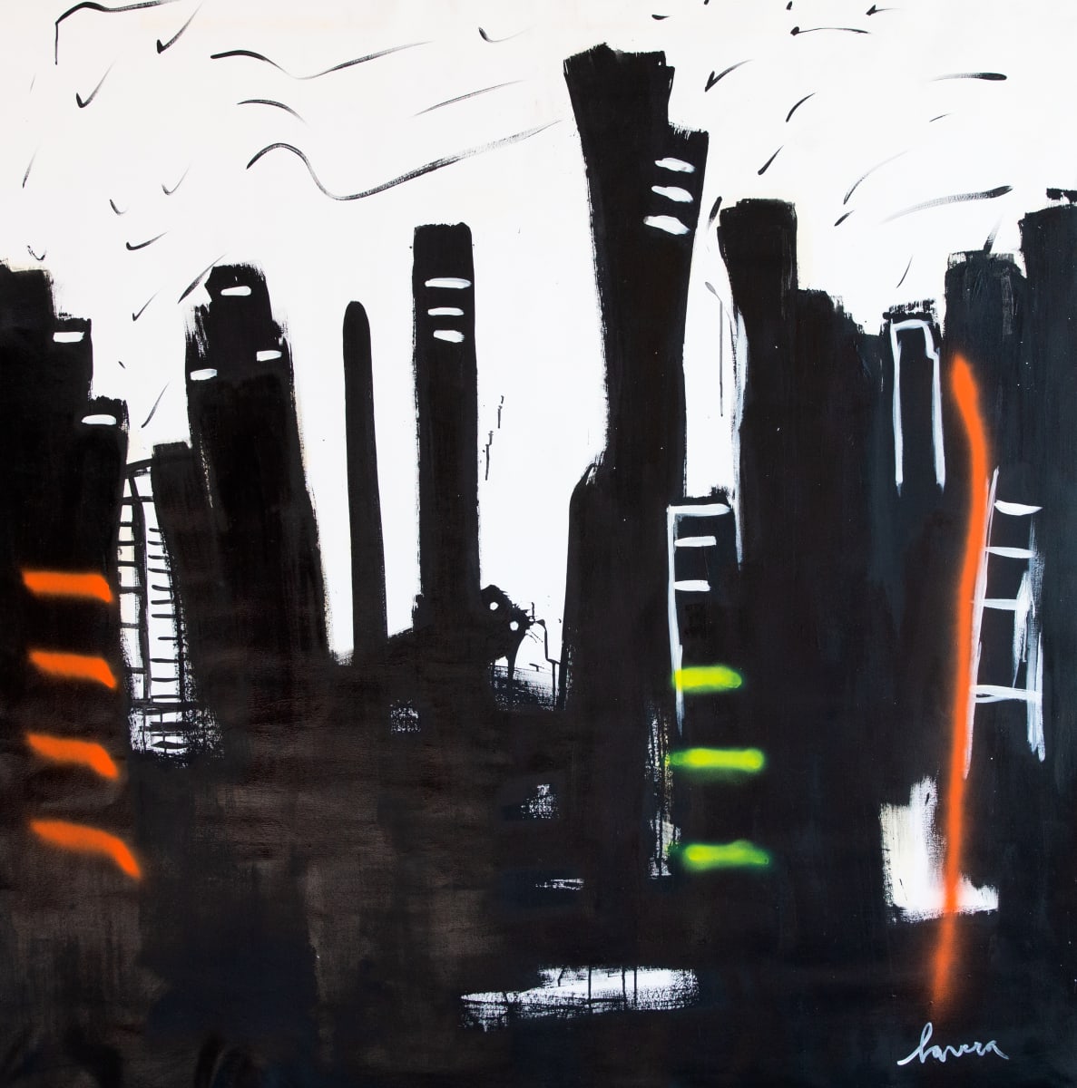 Black City by Fernanda Lavera  Image: It gets dark in the city
I walk inside her
under the gloom

People sleeping on the floor,
people running,
a robbery happens.

Black City,
yours, mine, ours.

In my imagination, thick brushstrokes black as night, resemble crooked buildings, like our minds.