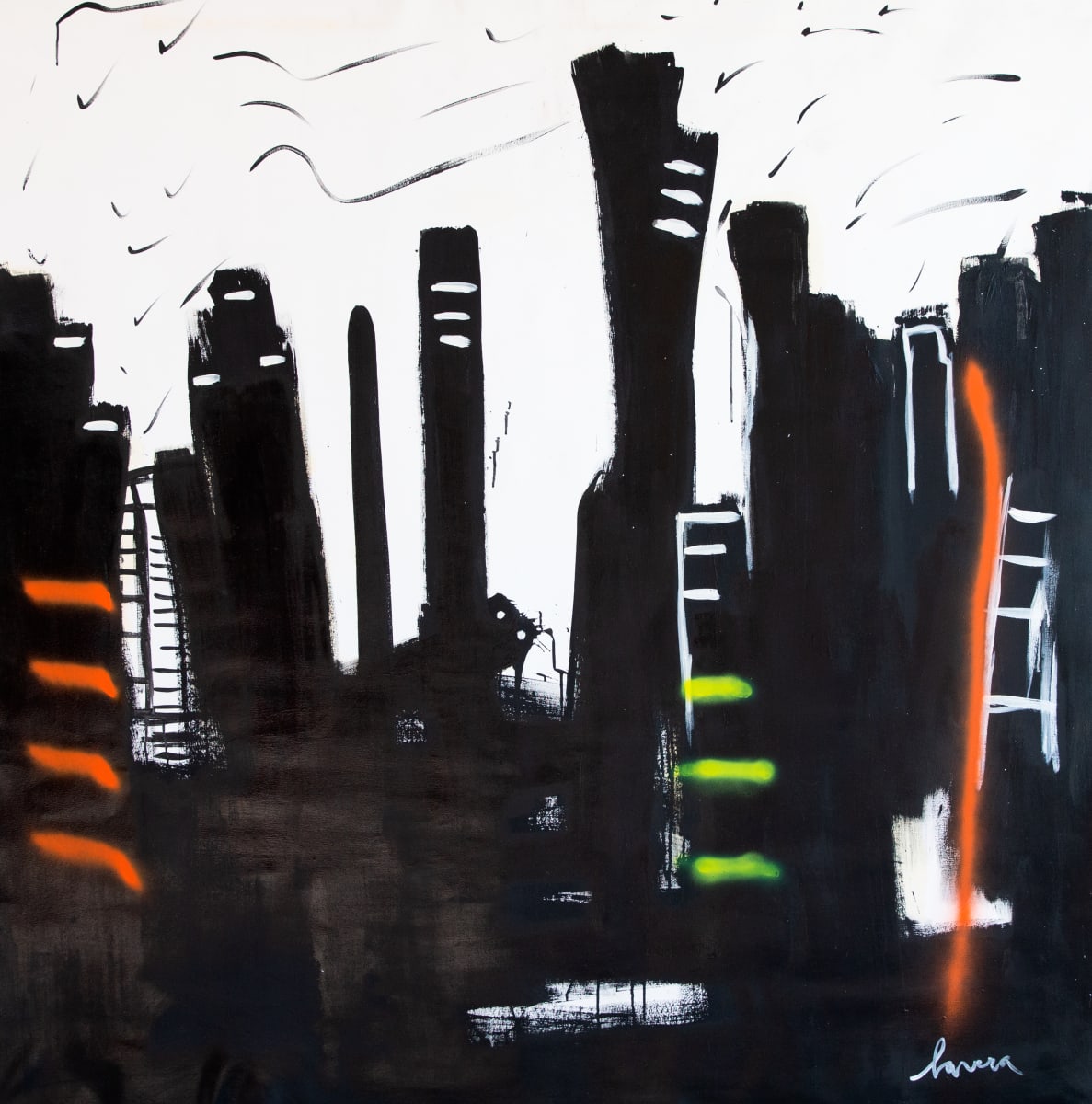 Black City by Fernanda Lavera  Image: This painting is made with an oil background with linen oil, acrylics and acrylic aerosols. Painted on canvas.