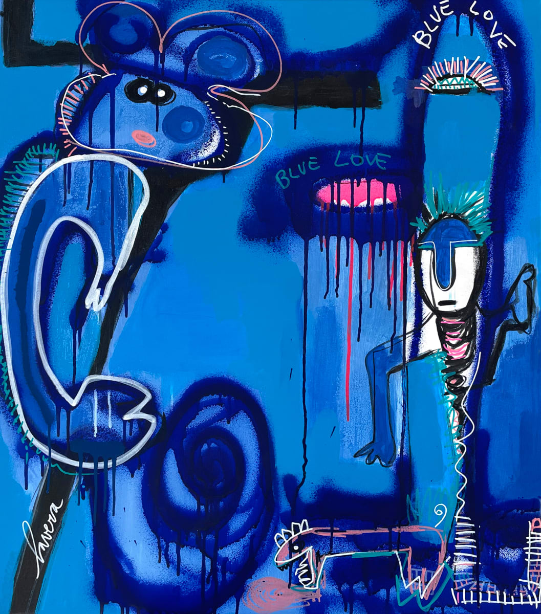 Monkey Blue by Fernanda Lavera  Image: This painting is made using oil paint mixed with linen acrylic, aerosols and markers. Painted on canvas.