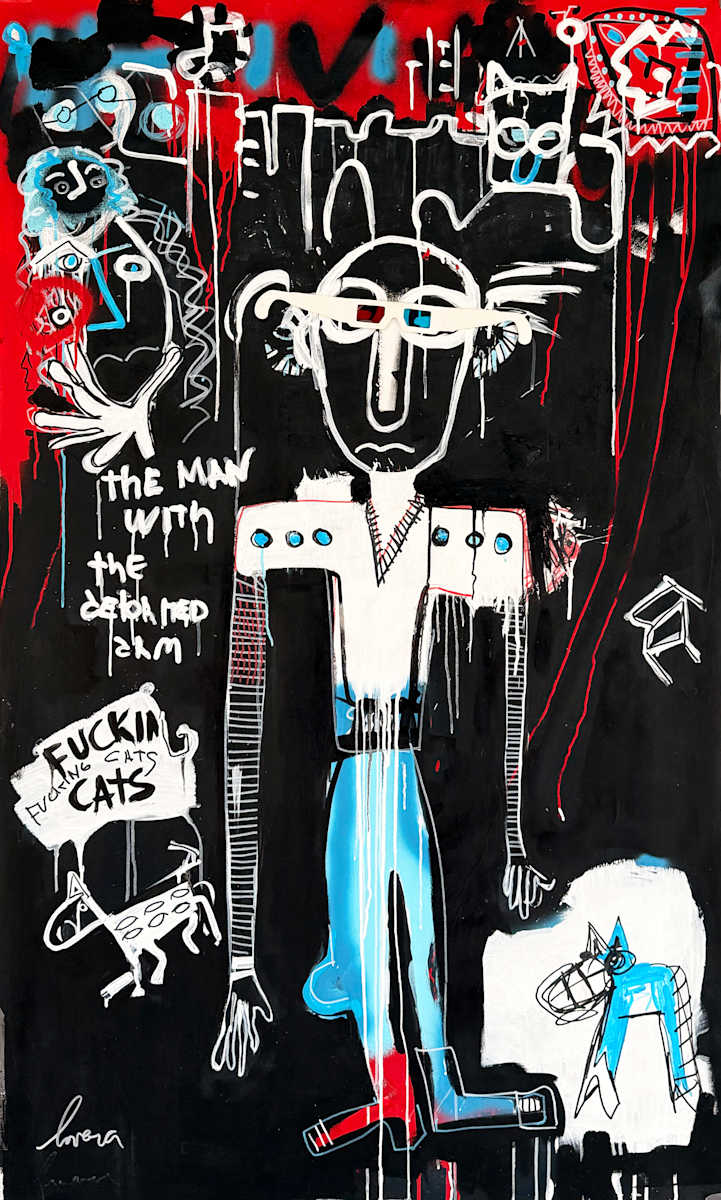 Mr. Deforme by Fernanda Lavera  Image: Background in oil (linseed oil), turpentine, markers, acrylic spray paint, and pigments, painted on canvas. Also incorporating 3D Art BA glasses.
