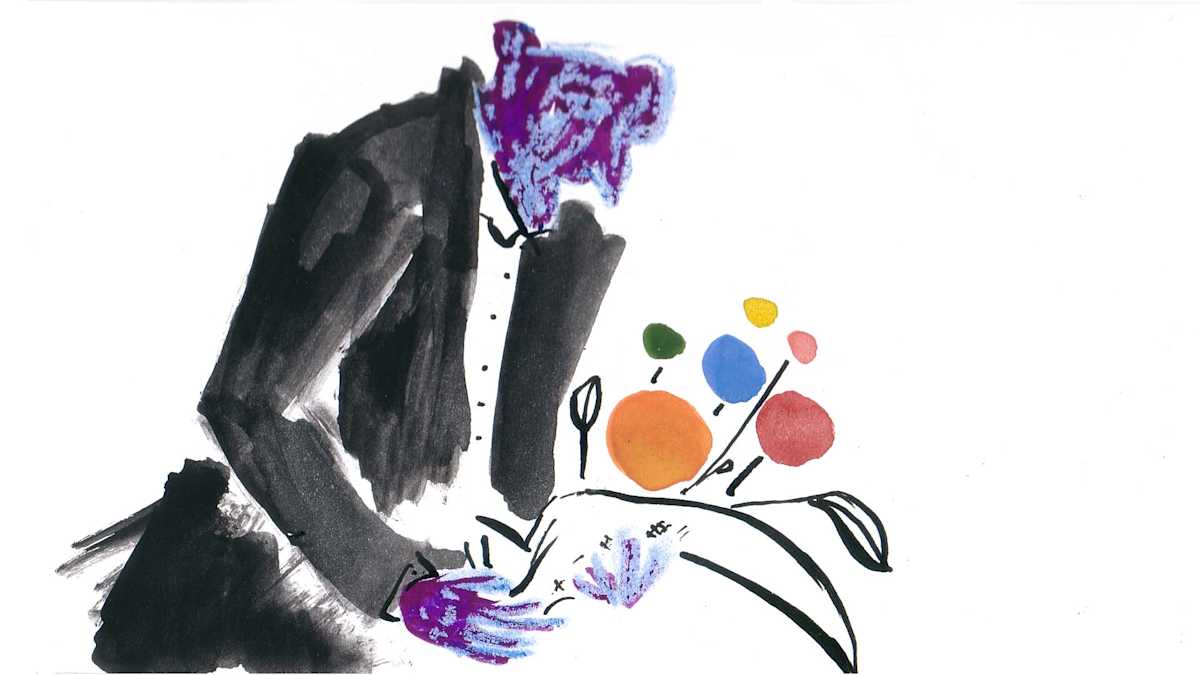010home-105eblow (Purple faced man holding flowers by Sarah Jane Lapp 