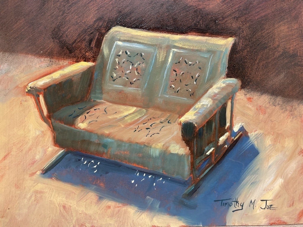 Vintage Glider by Timothy M. Joe  Image: This painting is a callback to simpler times, sitting on your grandparents’ porch and listening to stories. Vintage Glider is a reminder that we have so much to learn from the older generations if we only sit and listen.