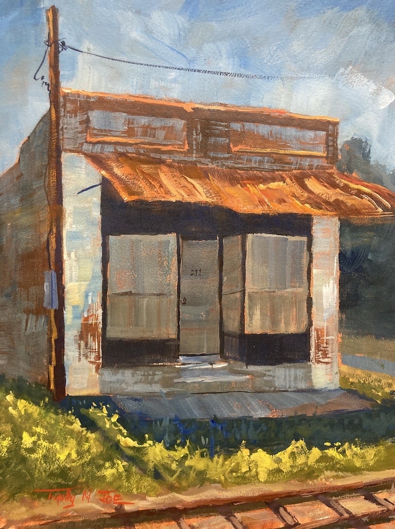 211 Mystery by Timothy M. Joe  Image: This image is a representation of the old Pony Express Station in Demopolis, AL and represents another anchor point in the artist’s life: digging into the history of the buildings he paints. Before he painted this, the artist did copious research on the building which led to a greater understanding and breathed life into this painting leading to his first art exhibit.