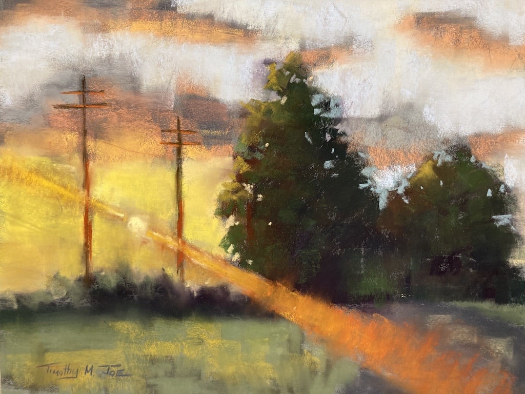 Sunrise on Highway 25 by Timothy M. Joe  Image: This painting was created along the roadside of the artist’s familial property and represents another anchor point in his artistic development. His love for manmade structures in nature and the fleeting light are what make this piece unique.