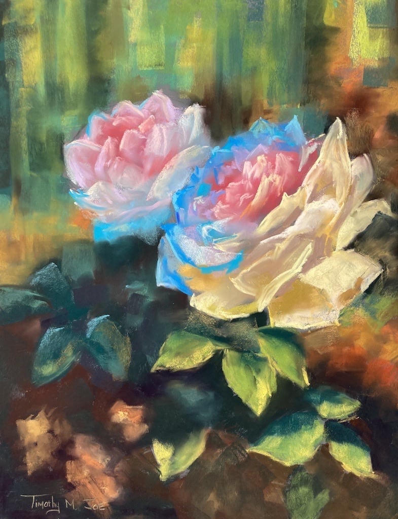 Iridescent Petals by Timothy M. Joe  Image: Created from a photo of roses from the garden of the artist’s mother, this painting represents a significant anchor point. Nature has such healing power and became a life-giving resource for his mother while she continually cared for others.