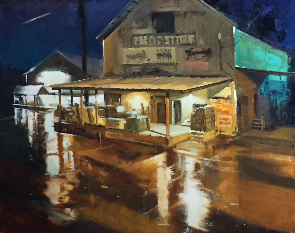 After the Rain by Rusty Jones  Image: Waxahacie Feed Store nocturnal, after rain storm