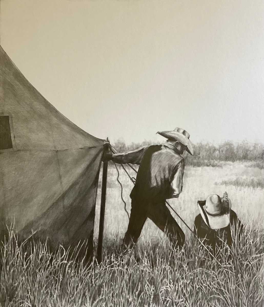 Making Camp in Tall Grass Country by Lori Jones  Image: Stewart Urich and Brock Crockett, staking down the cook tent. Fall works, 2022