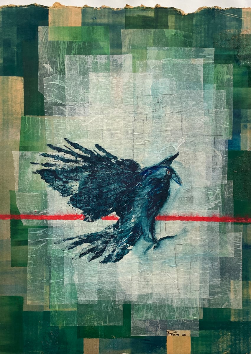 Red-lined Crow by Grant Pound  Image: A crow lands on an abstract city field
