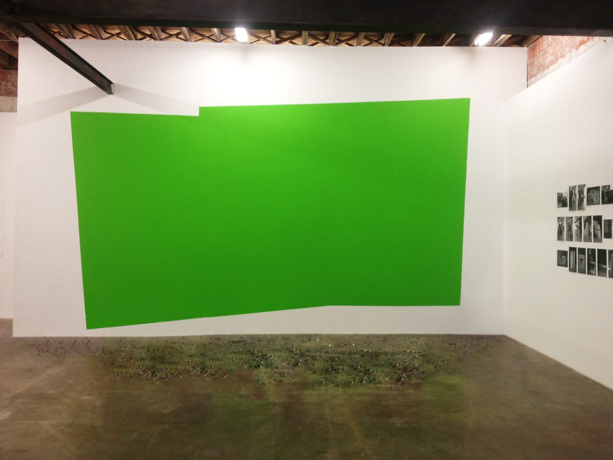 The Fields by Mark Tribe Studio  Image: A green screen wall painting with a sound track and glitter confetti on the floor. 
