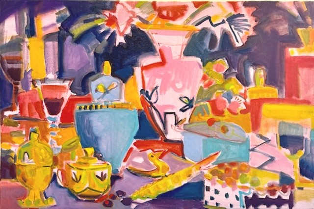 Tablescape in Blue, Yellow and Pink by Caryl Hull-Leavitt 