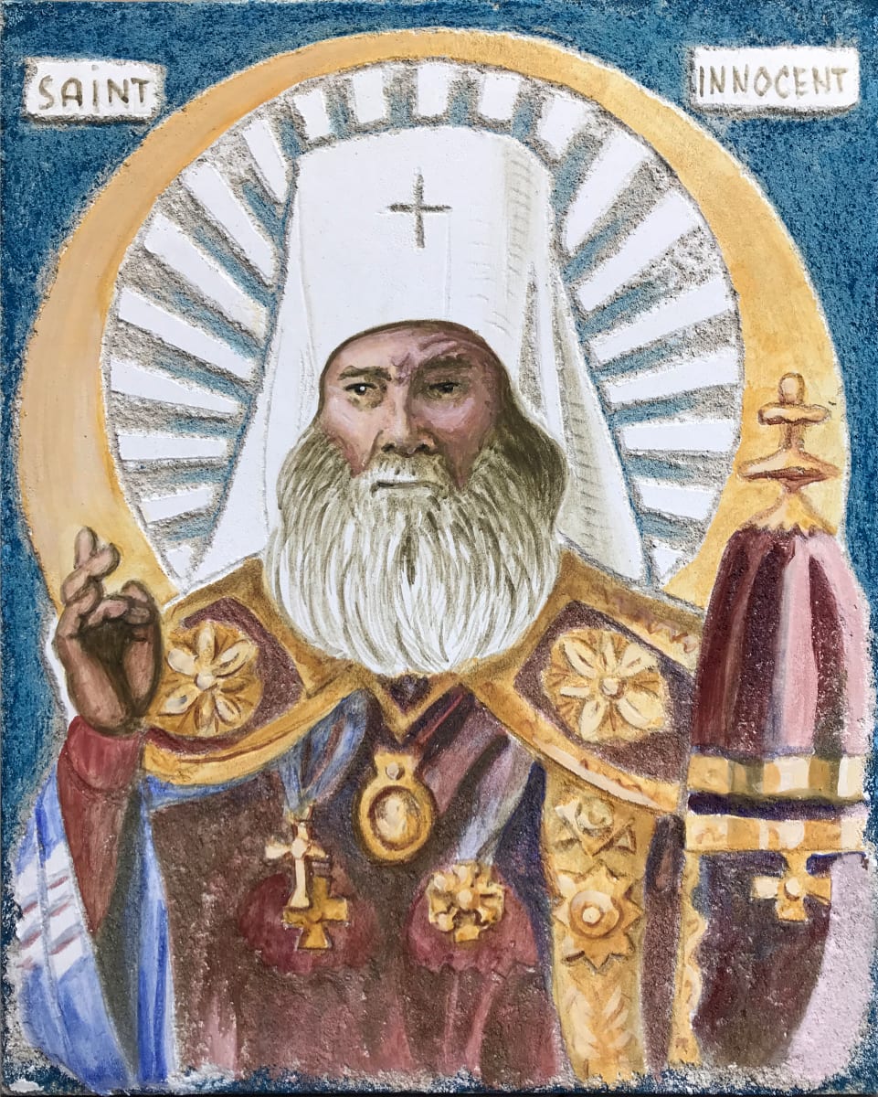 Saint Innocent with Rays - Sgraffito Fresco Icon by iLia Fresco 